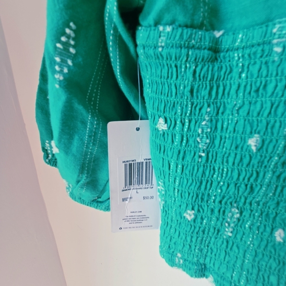 HURLEY Set Crop Top Blouse Puff Sleeve Mini Skirt Cotton Green Size L - Picture 11 of 11